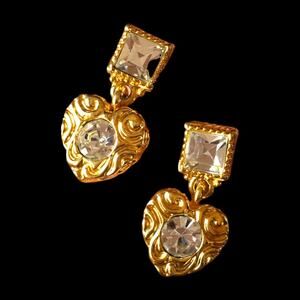 Bright gold tone embellished rhinestone heart earrings